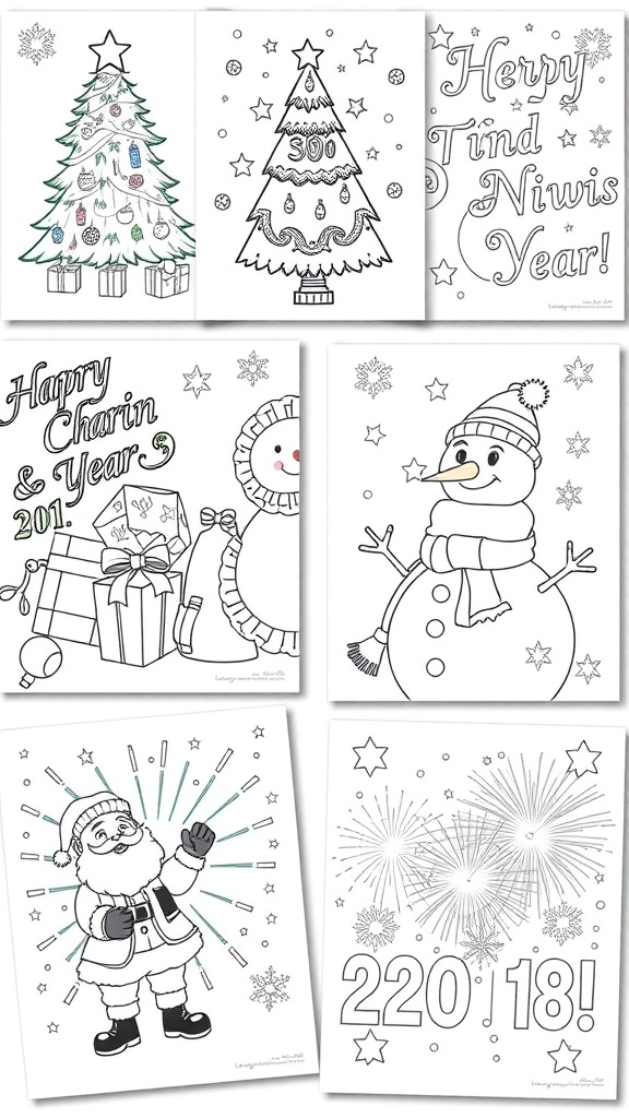 Christmas and New Year Coloring Pages Coloring pages showcasing Christmas tree, snowman, Santa Claus, and New Year fireworks.